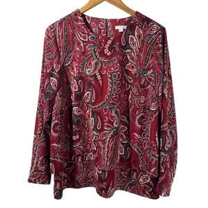 J.Jill Top Women M Blouse Pullover Paisley Layered Tiered Long Sleeve Red Boho